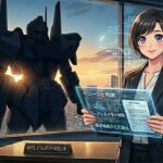 夕暮れのオフィスでクローンや遺伝子、相続に関するホログラムデータを手にするアニメ調の可愛い女性ファイナンシャルプランナーと、窓の外に佇む巨大ロボットのシルエット