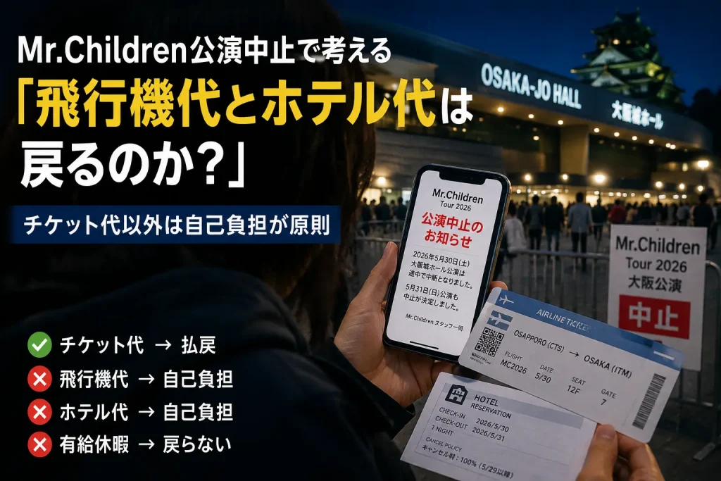 Mr.Children大阪城ホール公演中止のニュースをスマホで見る人と、飛行機チケット・ホテル予約確認書を持つ手。チケット代以外は自己負担になることを示すチェックリスト。