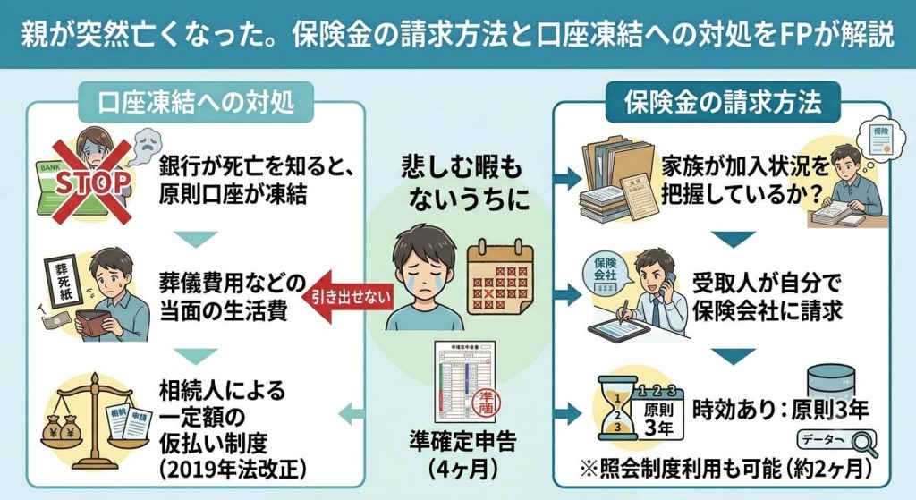 親が突然亡くなった際の口座凍結と保険金の請求方法を解説する図解イラスト