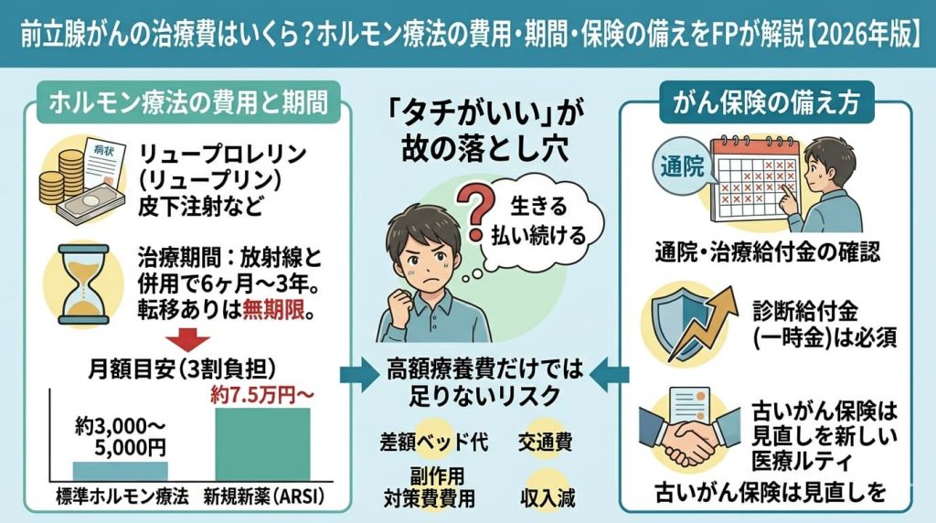 前立腺がんの治療費とホルモン療法の費用（標準薬vs新薬ARSI）、治療期間、がん保険の備え方（診断一時金・通院給付金）を解説するFPブログのインフォグラフィックアイキャッチ画像