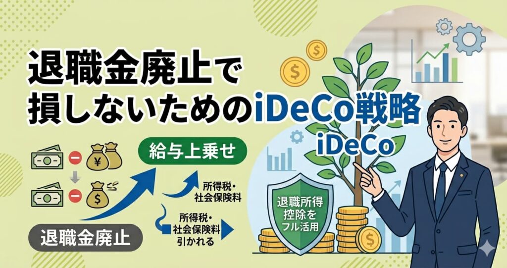 退職金廃止による給与上乗せの税金リスクと、退職所得控除をフル活用するiDeCo戦略を解説するFPのイラスト