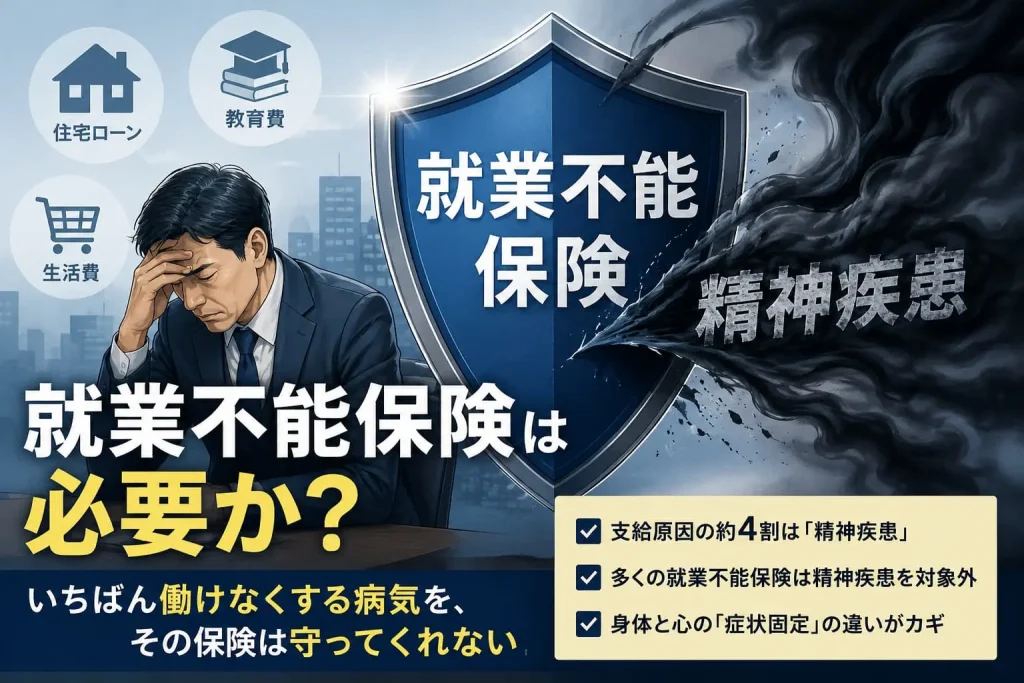 就業不能保険は必要か？を問うアイキャッチ。頭を抱える男性と精神疾患のリスクを示す黒い影のイラスト。