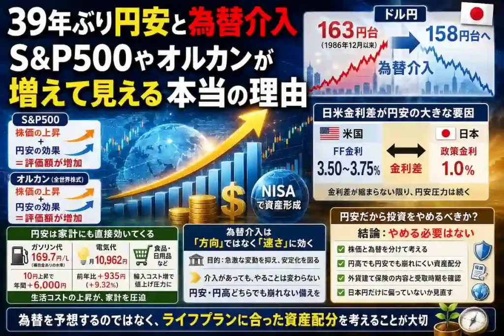 39年ぶりの円安と為替介入を解説する図解。ドル円163円台から158円台への推移、日米金利差（米FF金利3.50〜3.75%と日本の政策金利1.0%）、S&P500やオルカンの評価額が増えて見える仕組み、ガソリン代・電気代への影響をまとめたアイキャッチ画像