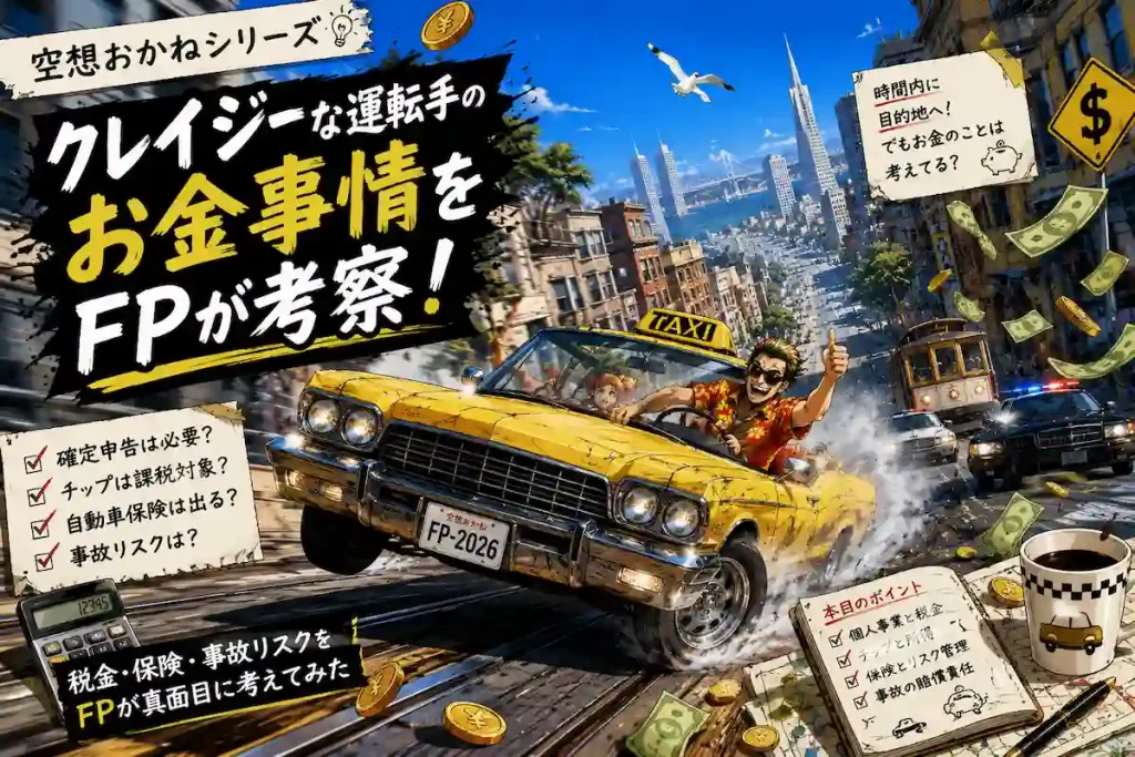 クレイジータクシー風の街を爆走するタクシーをモチーフに、税金・自動車保険・事故リスクをFP視点で考察する空想おかねシリーズのアイキャッチ画像