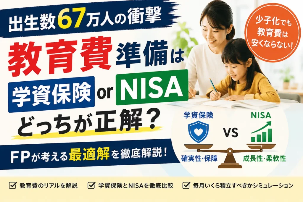 出生数67万人時代の教育費準備について、学資保険とNISAつみたて投資枠を比較し、それぞれの特徴や活用方法を解説するイメージ画像