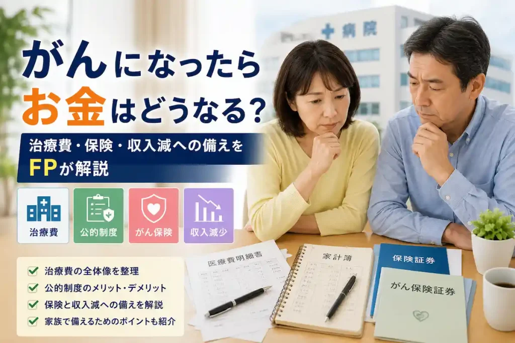 がんになったらお金はどうなるのか。治療費・公的制度・がん保険・収入減少への備えをFPが解説する記事のアイキャッチ画像。家計簿と保険証券を前に表情を曇らせる中高年夫婦