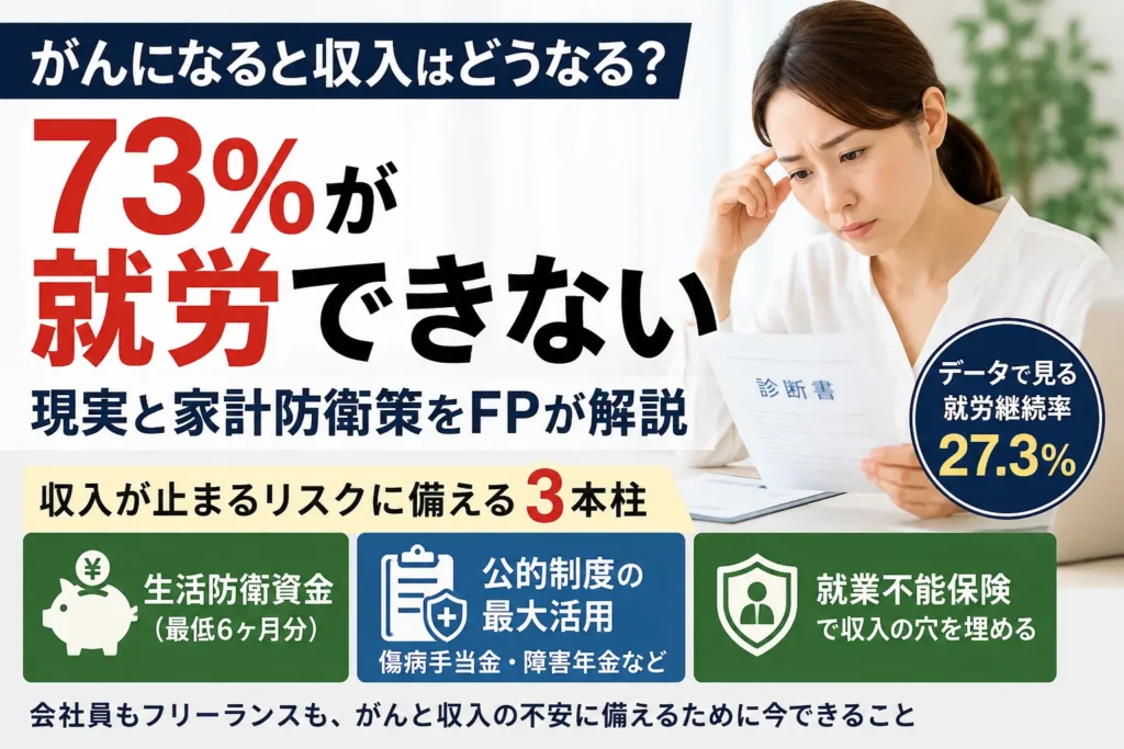 がん診断後の収入減少リスクと就労継続の現実、傷病手当金や就業不能保険による家計防衛策を解説するイメージ画像
