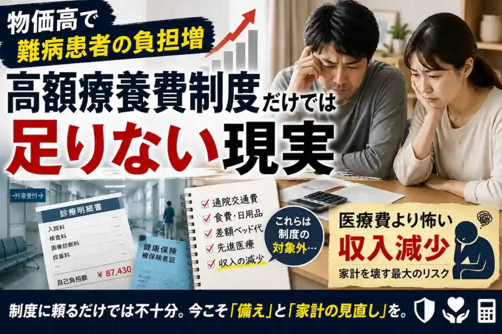 高額療養費制度があっても通院交通費や生活費、収入減少などの負担に悩む難病患者世帯をイメージしたアイキャッチ画像