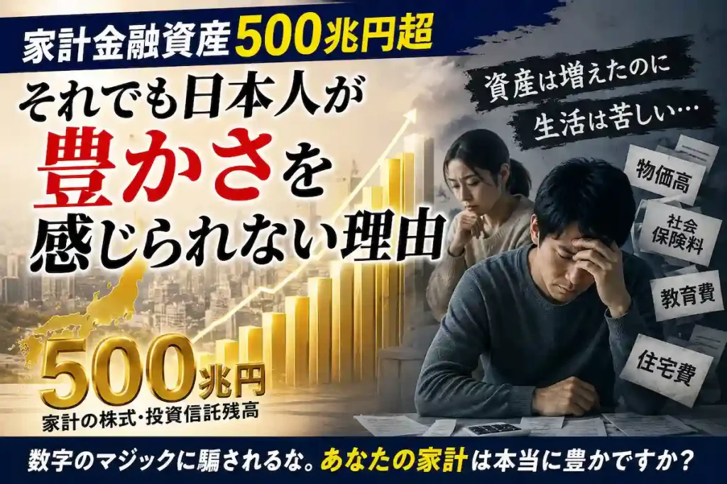 家計金融資産500兆円超の一方で、物価高や社会保険料負担により豊かさを実感できない日本の家計をイメージしたアイキャッチ画像