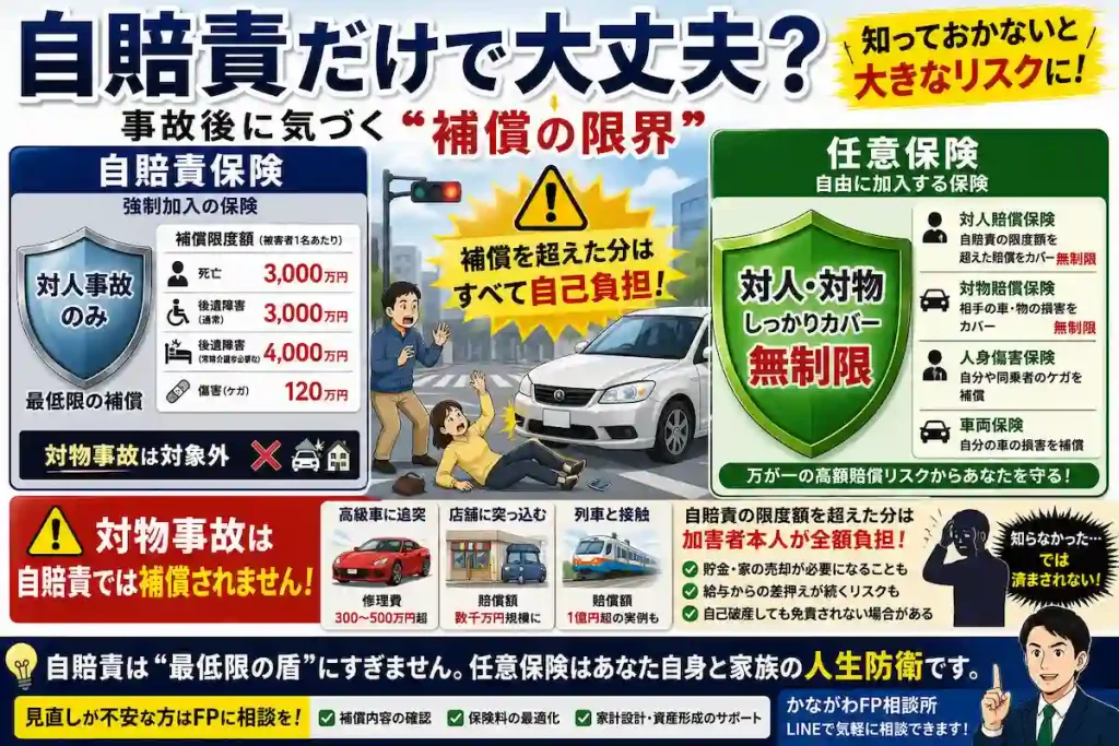 自賠責保険と任意保険の違いを解説するイメージ。自賠責保険の補償限度額や対物事故が対象外である点、任意保険による対人・対物賠償の重要性を比較している。