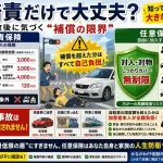 自賠責保険と任意保険の違いを解説するイメージ。自賠責保険の補償限度額や対物事故が対象外である点、任意保険による対人・対物賠償の重要性を比較している。