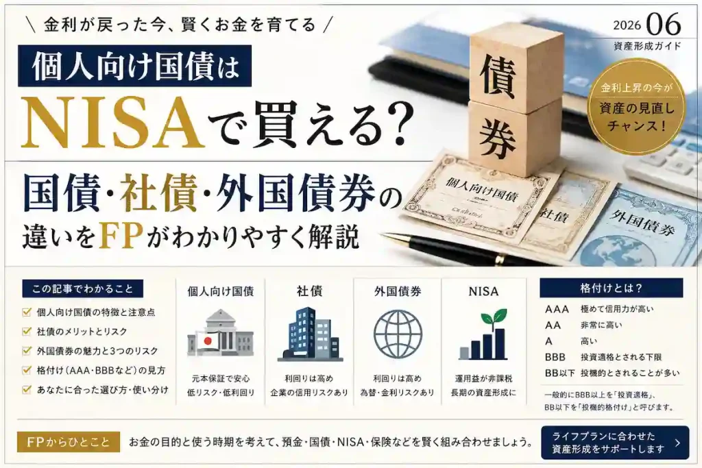 個人向け国債・社債・外国債券・NISAの違いを比較して解説するイメージ