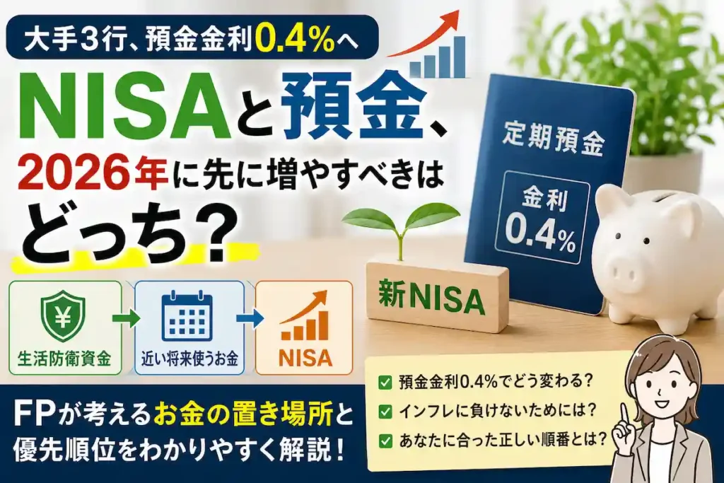 預金金利0.4％時代にNISAと預金のどちらを優先すべきかを比較し、生活防衛資金や資産形成の優先順位を解説するイメージ画像