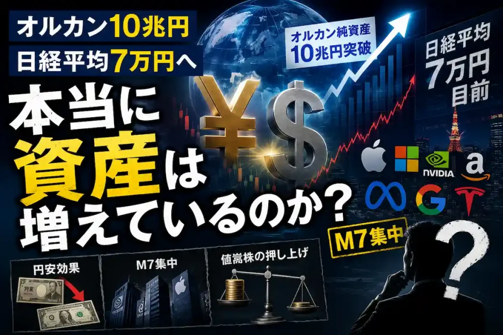 オルカン10兆円突破や日経平均7万円接近の裏側にある円安効果やM7集中、指数の偏りを解説するイメージ画像