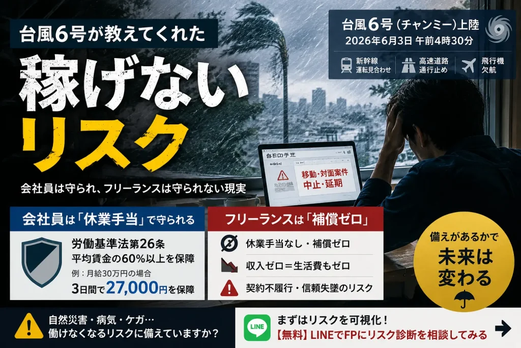 台風6号が教えてくれた稼げないリスク。会社員とフリーランスの保障格差を比較したインフォグラフィック