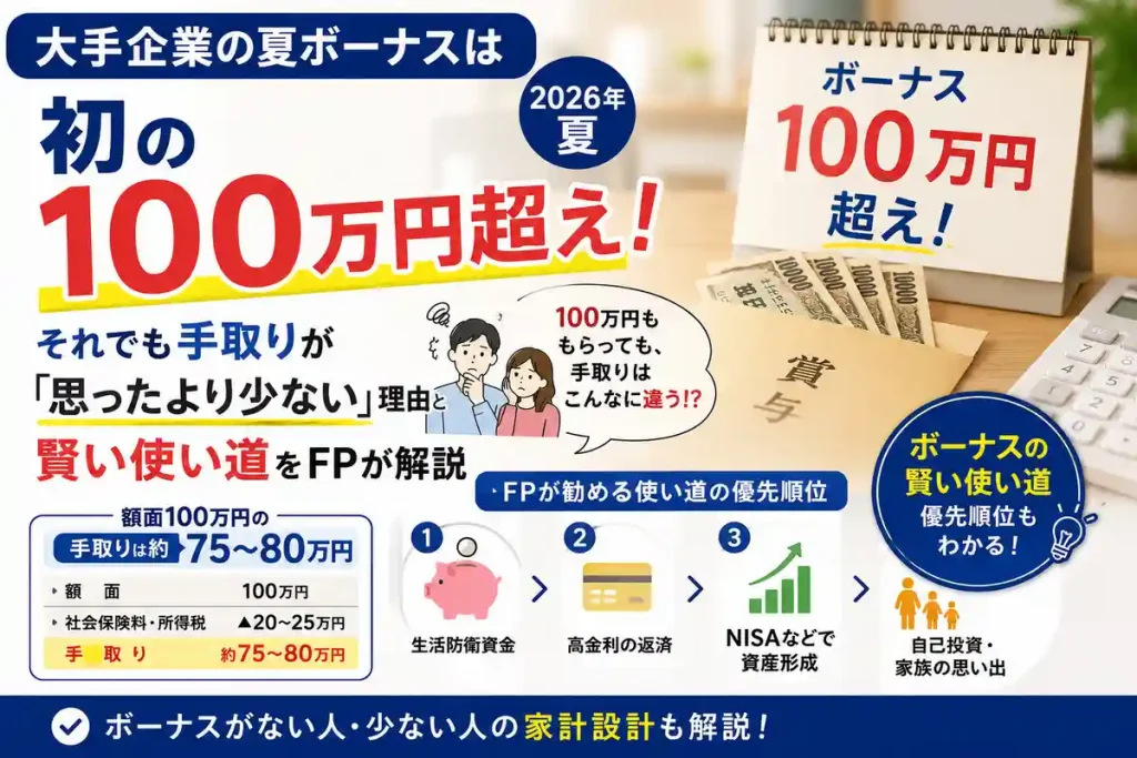 大手企業の夏ボーナス100万円超えと手取りの仕組み、賢い使い道をFPが解説