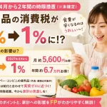 食料品の消費税が2027年4月から8％から1％へ引き下げられた場合の家計負担軽減をイメージした、買い物帰りに喜ぶ主婦と食料品のイラスト