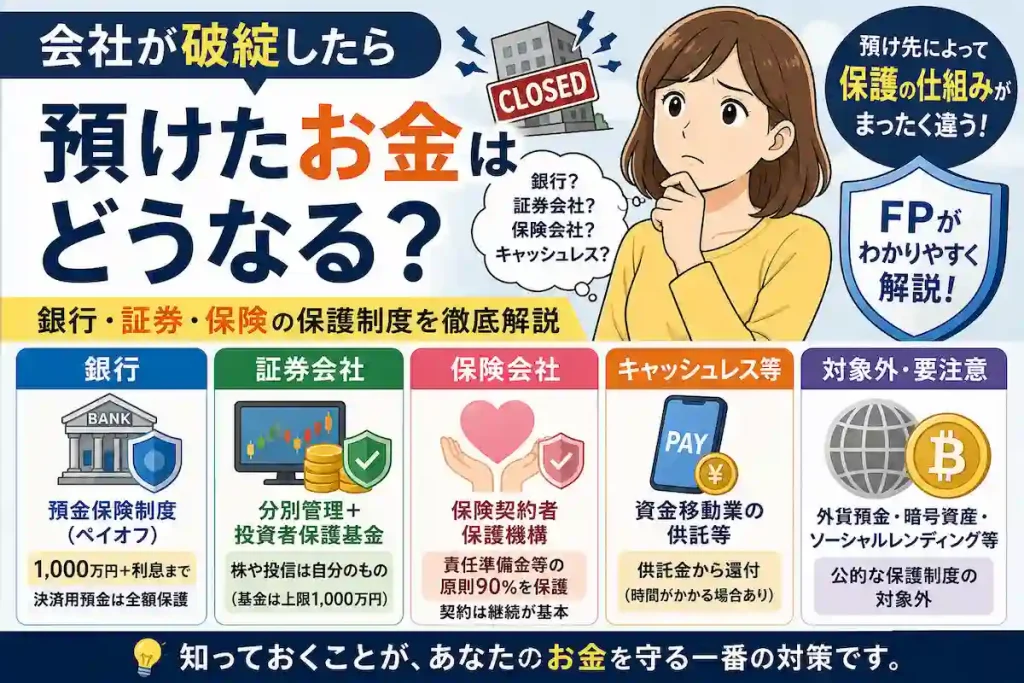 銀行・証券会社・保険会社が破綻した場合のお金の保護制度をFPがわかりやすく解説するアイキャッチ画像