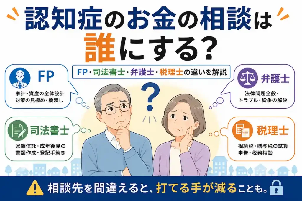 認知症のお金の相談先を比較。FP・司法書士・弁護士・税理士の役割の違いを図解したアイキャッチ画像