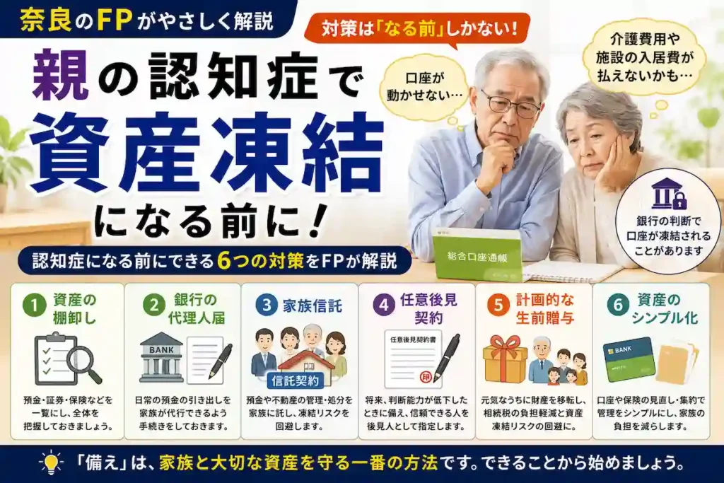親の認知症による資産凍結の仕組みと、家族信託・任意後見など認知症になる前にできる対策を解説するアイキャッチ画像