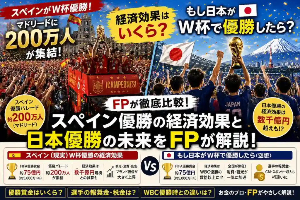 スペインのワールドカップ優勝による経済効果と、もし日本がワールドカップで優勝した場合の経済効果をFPが比較解説するイメージ