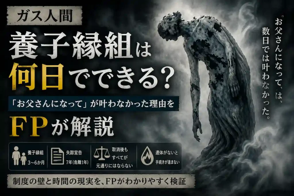 ガス人間と養子縁組・失踪宣告の制度をFPが解説するアイキャッチ。未成年の養子縁組は家庭裁判所の許可に3〜6か月、失踪宣告は7年（危難の場合1年）、取消後もすべてが元通りにはならないこと、遺体がないと手続きが進まないことを示している
