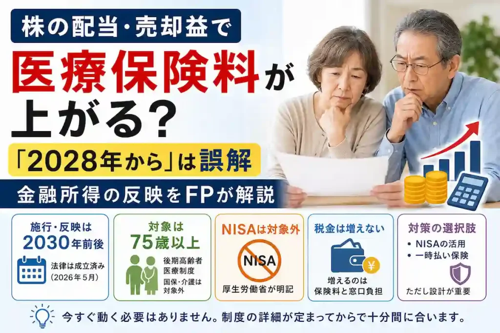 株の配当・売却益で医療保険料が上がるのかを整理した図。施行・反映は2030年前後で法律は2026年5月に成立済み、対象は75歳以上の後期高齢者医療制度で国保・介護は対象外、NISAは対象外と厚生労働省が明記、税金は増えず増えるのは保険料と窓口負担、対策はNISAの活用と一時払い保険という5点をまとめている