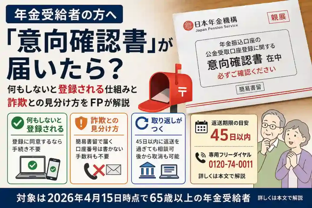 日本年金機構から簡易書留で届く「年金振込口座の公金受取口座登録に関する意向確認書」の要点図。何もしないと登録される仕組み、詐欺との見分け方、返送期限45日以内と専用フリーダイヤル、対象は2026年4月15日時点で65歳以上の年金受給者