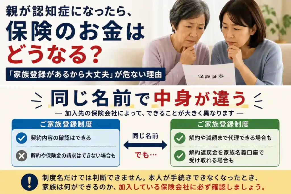 親が認知症になったときの保険手続きと家族登録制度の違いを解説するイメージ