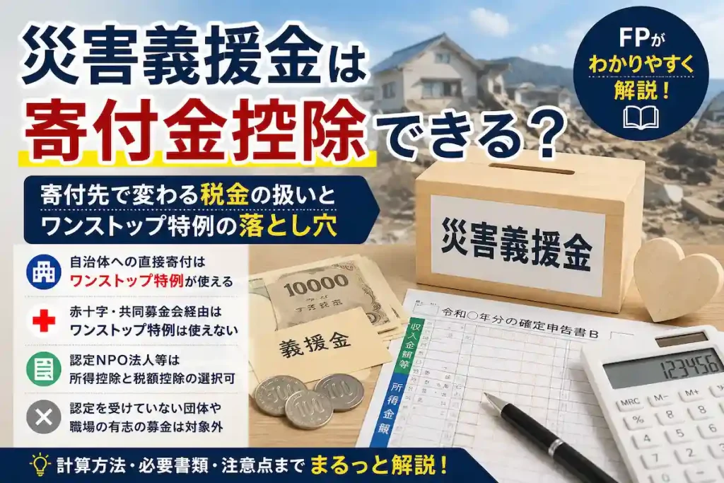 災害義援金の寄付金控除について、寄付先による税金の扱いやワンストップ特例の違い、必要書類を解説するイメージ