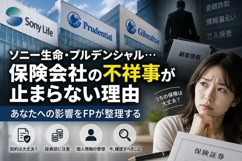 ソニー生命・プルデンシャル・ジブラルタ生命の社屋を背景に、金銭詐取・情報漏えい・立入検査という文字と、不安げに保険証券を見る女性を配した、保険会社の不祥事に関する記事のアイキャッチ画像